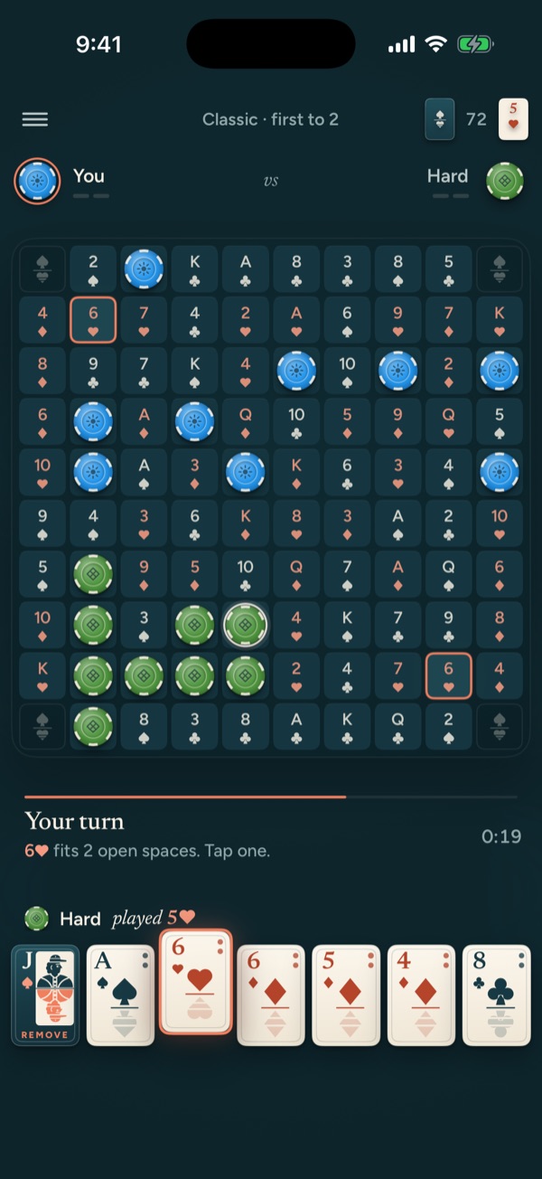 A solo game against Hard with a card selected in the hand