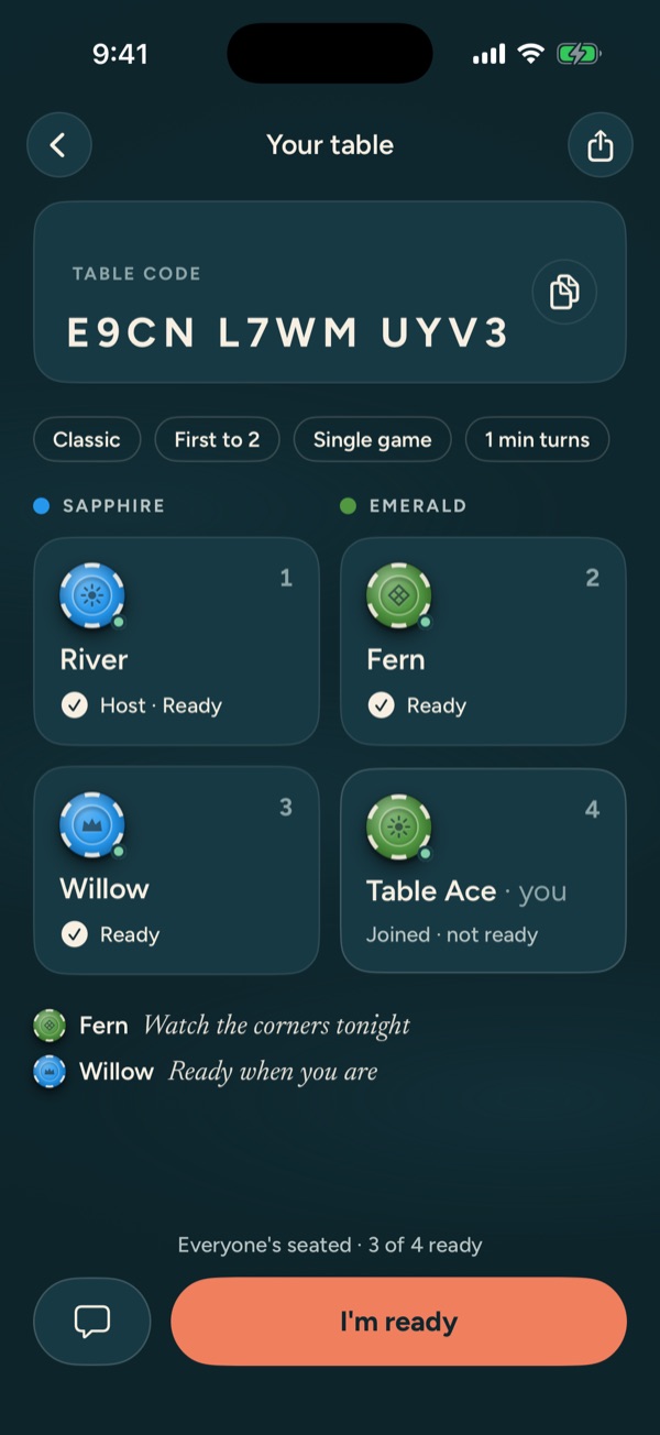 The Jacks Wild lobby: table code, game settings and four players, three of them ready