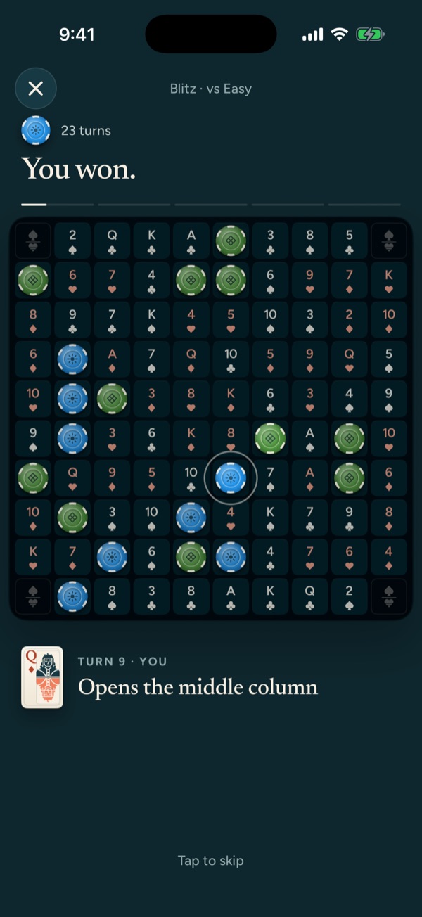 Win recap: You won in 23 turns, replaying the move that opened the middle column
