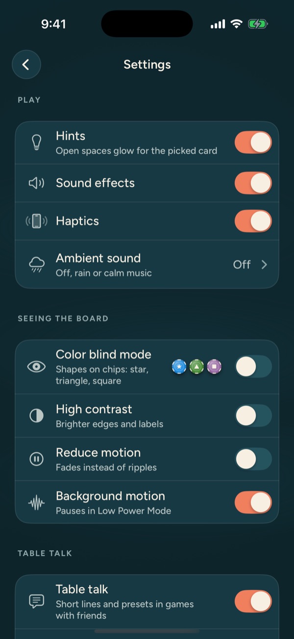 Settings: hints, sound, haptics, ambient sound, color blind mode, high contrast and reduce motion