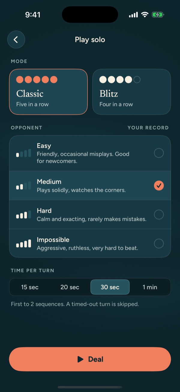 Solo setup: Classic or Blitz, four opponent levels, and time per turn